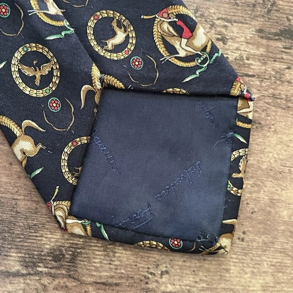 Vintage Salvatore Ferragamo Silk Tie Navy Blue Tan Red Heraldic Hunt Equestrian
